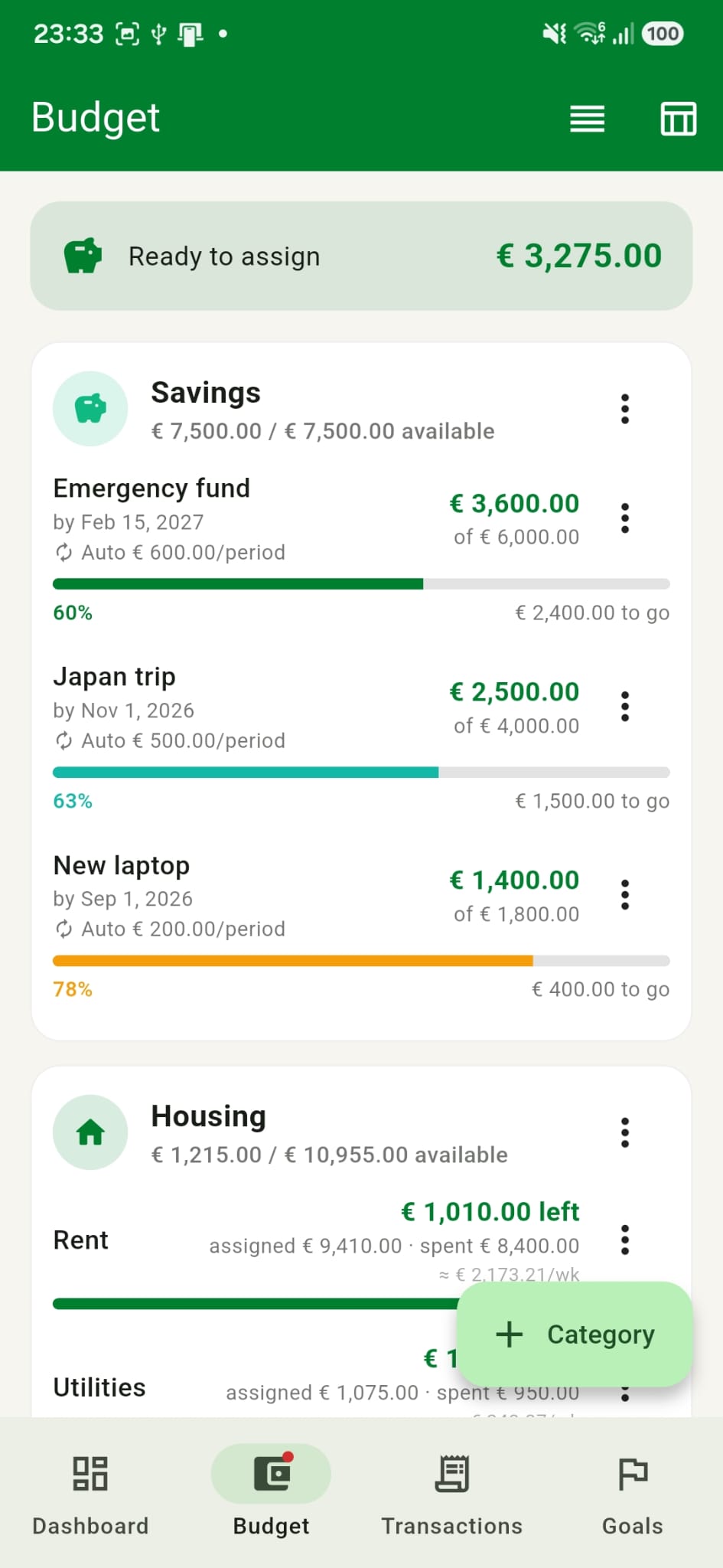 Budget screen: ready-to-assign banner, savings goals and category progress