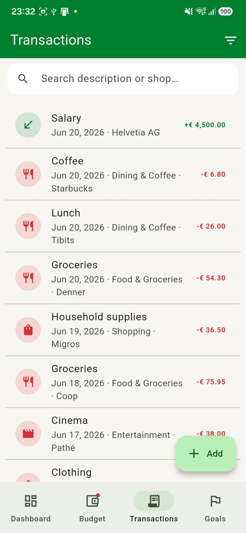Transactions list with income and categorised expenses
